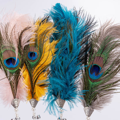 FUREVER365 HM-15 Peacock Feather Cat Teaser - Natural Iridescent Feathers High-Elasticity Steel Wand