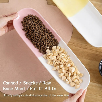 Ceramic Multi-Cat Food Plate Long Shallow Kitten Bowl Anti-Tip Neck Protection Snack Canned Food Tray