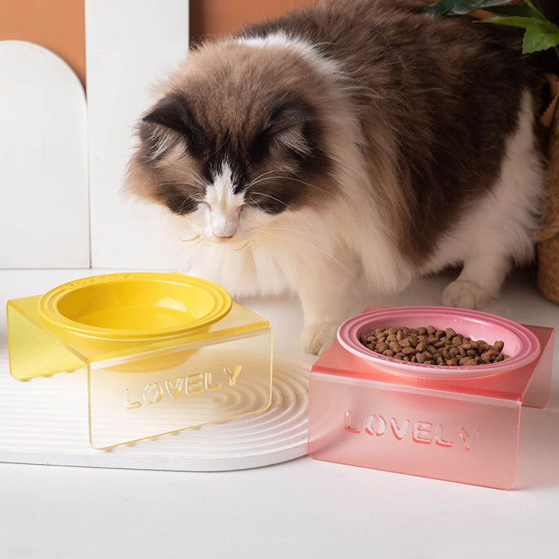 French Style Gradient Ceramic Cat Bowl Aesthetic Acrylic Elevated Stand Anti-Black Chin UFO Pet Plate