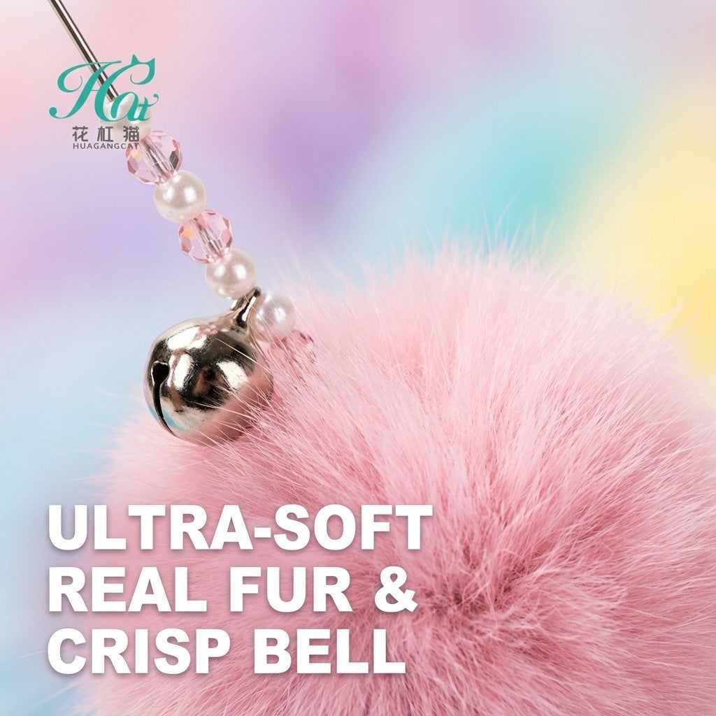 FUREVER365 TM-02Rabbit Fur Ball Cat Teaser - Extra Long Wand High-Elasticity Steel Wire Bouncing Toy