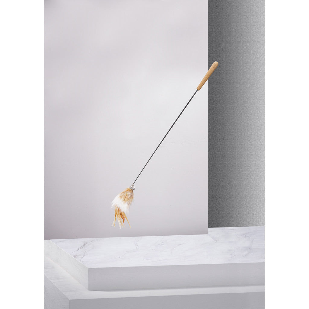 FUREVER365 HM-14 Fox Fur Cat Teaser - Real Fur Tail Solid Wood Handle High-Elasticity Steel Wire Toy