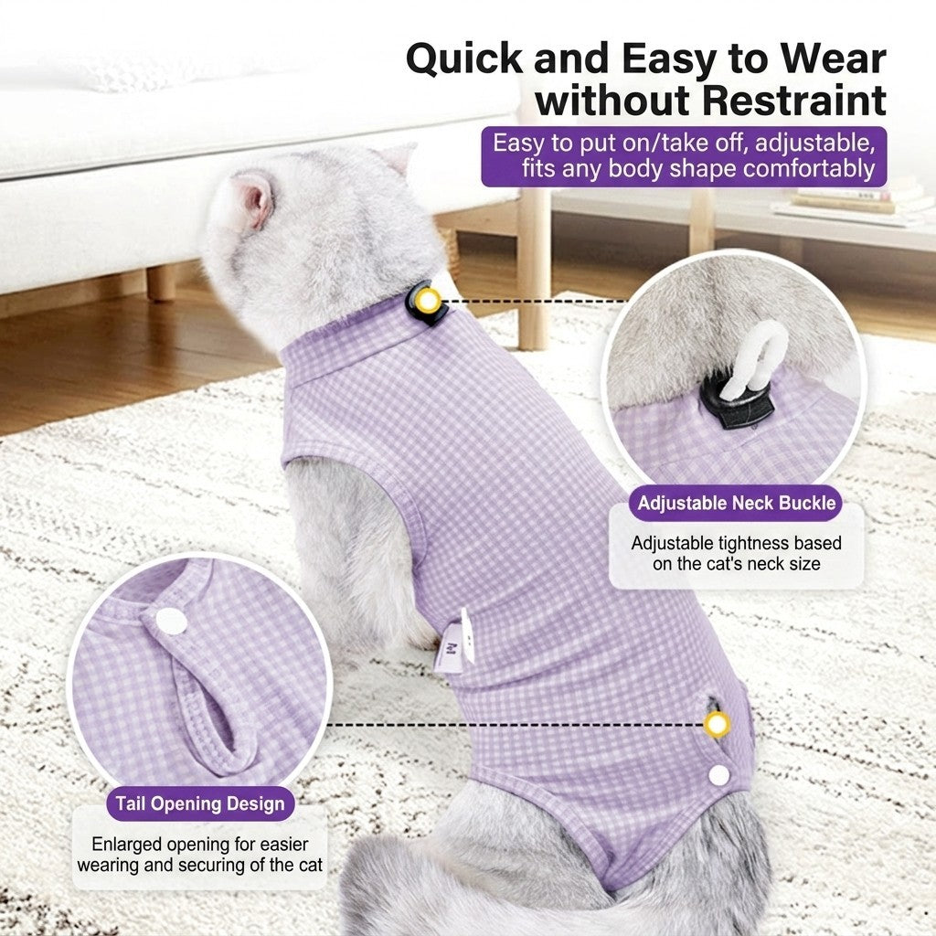 Premium Cotton Cat Recovery Suit Post Surgery Shirt Anti-Lick Sterilization Care Breathable Baju Kucing