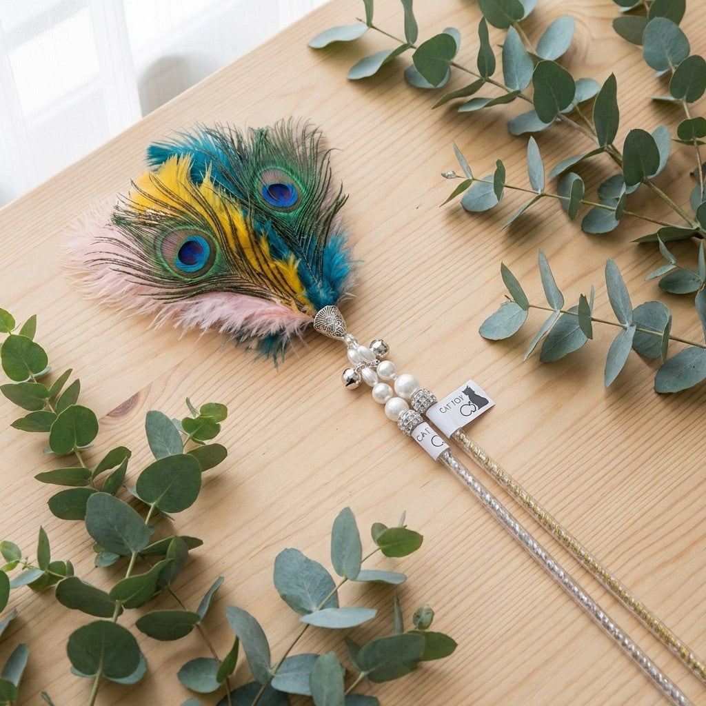 FUREVER365 HM-15 Peacock Feather Cat Teaser - Natural Iridescent Feathers High-Elasticity Steel Wand