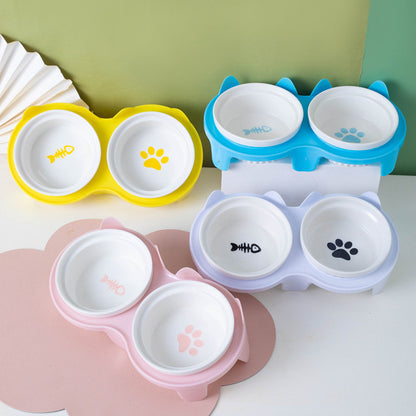 Ceramic Cat Bowl Elevated Tilted Neck Protection Pet Food Water Feeder Anti-Black Chin Mangkuk Kucing
