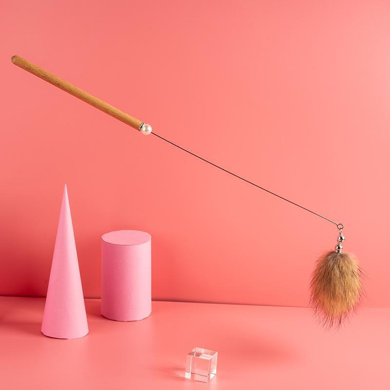 FUREVER365 HM-05 Macaron Fox Fur Ball Cat Teaser - Solid Wood Wand Elastic Rope Interactive Toy