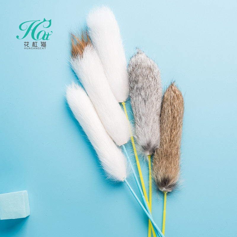 FUREVER365 TM-10 Rabbit Fur Ball Cat Teaser - Durable PVC Wand Wire Interaction Toy