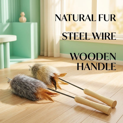 FUREVER365 HM-18 Fox Fur Ball Cat Teaser - 2-Section Telescopic Carbon Fiber Wand Interactive Toy