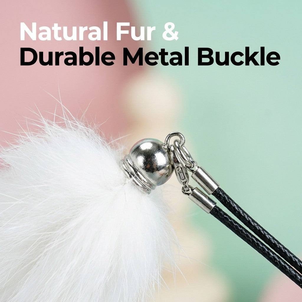 FUREVER365 TM-09 Rabbit Fur Wheat Ear Cat Teaser - Elastic Bouncing Rope Short Wand Interactive Toy