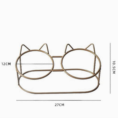 Elevated Ceramic Double Cat Bowl with Metal Stand 15° Tilted Neck Protection Anti-Vomiting Pet Feeder