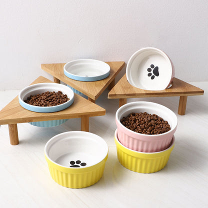 Kitten Specialized Ceramic Pet Bowl Anti-Black Chin Food Water Basin with Bamboo Stand Mangkuk Kucing