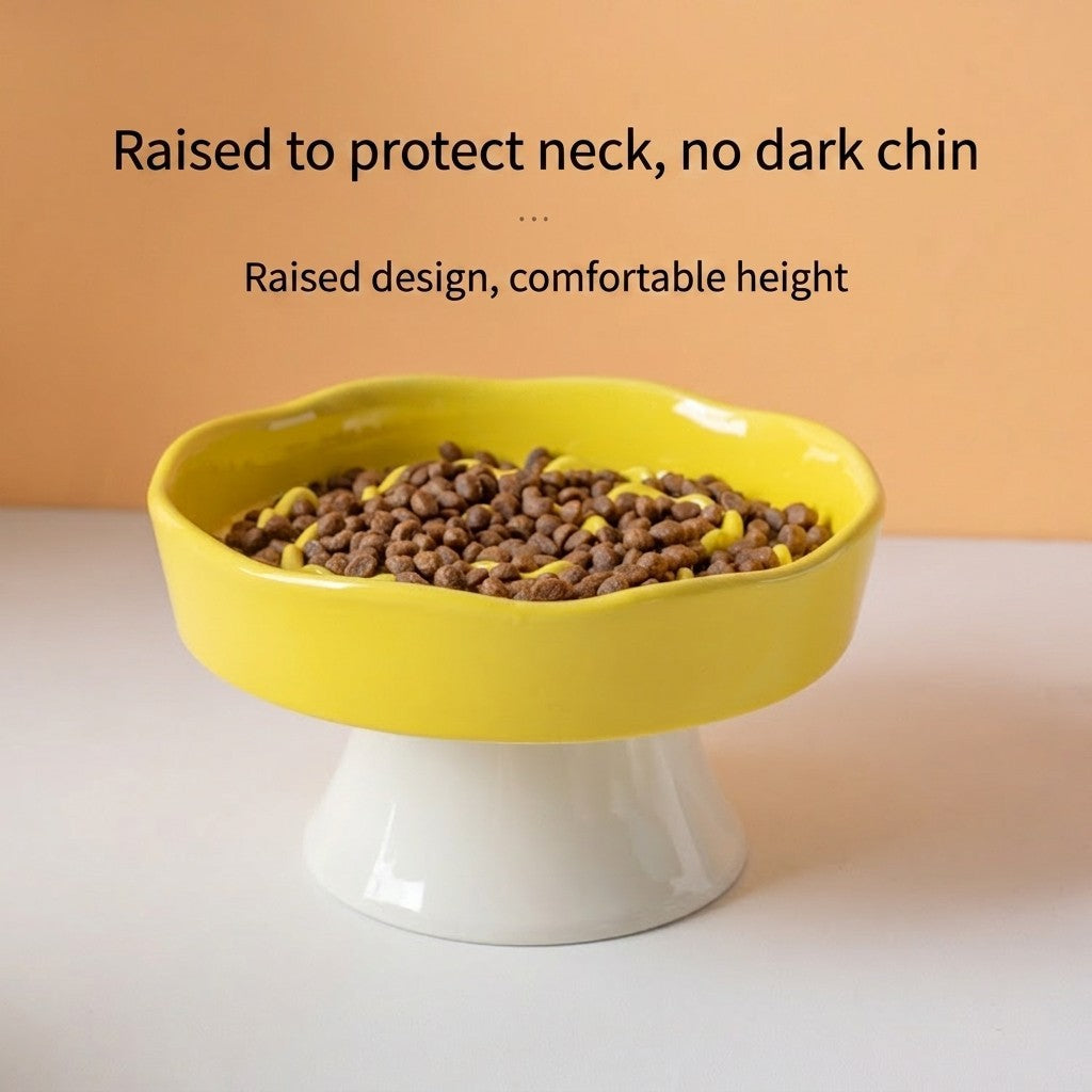 Ceramic Slow Feeder Cat Bowl Anti-Choke Dog Bowl Neck Protection Anti-Vomiting Elevated Pet Bowl