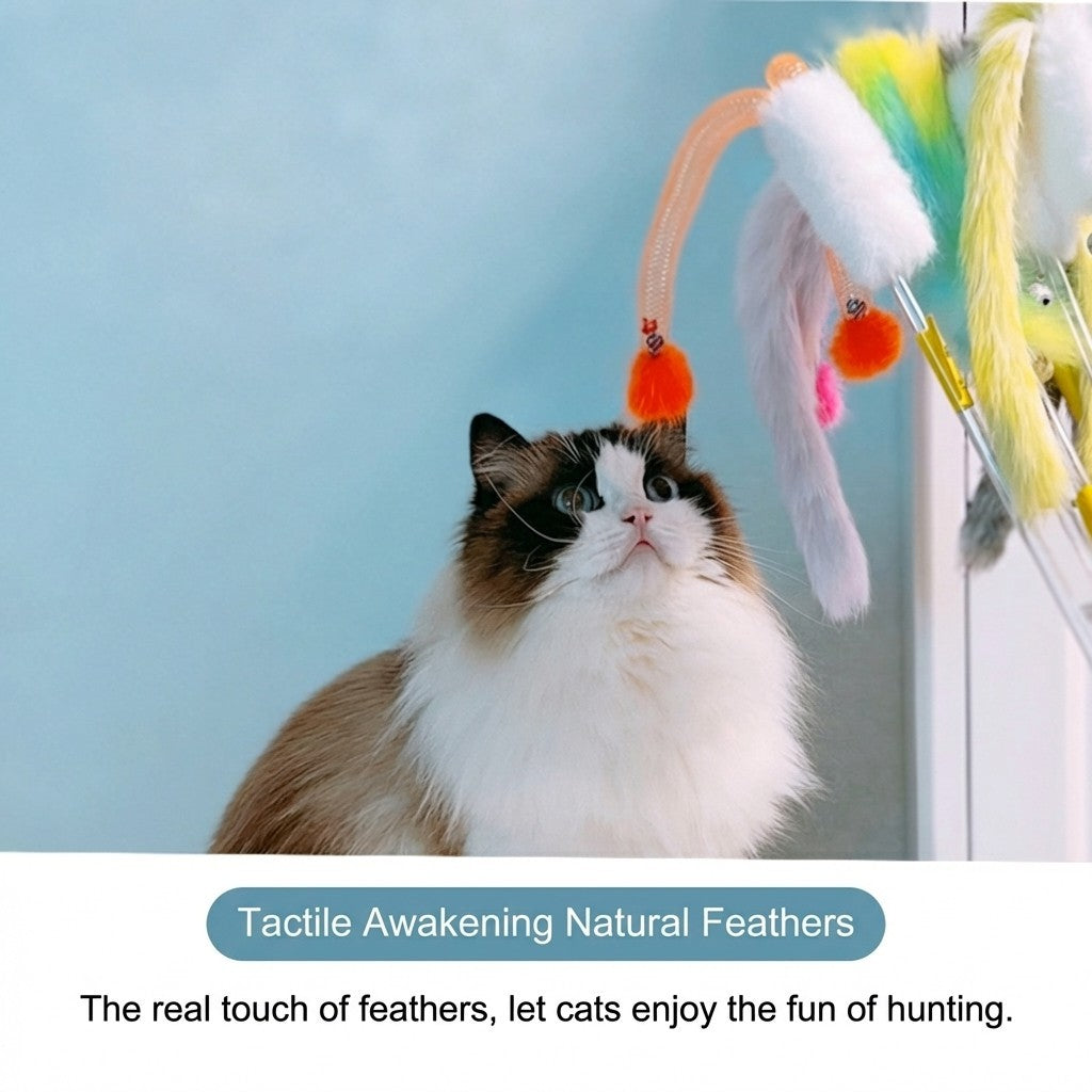 FUREVER365 HM-63 3pcs Cat Teaser Set - Real Mink Fur Ball Rainbow Plush Tail & Rabbit Ear Steel Wire Wands