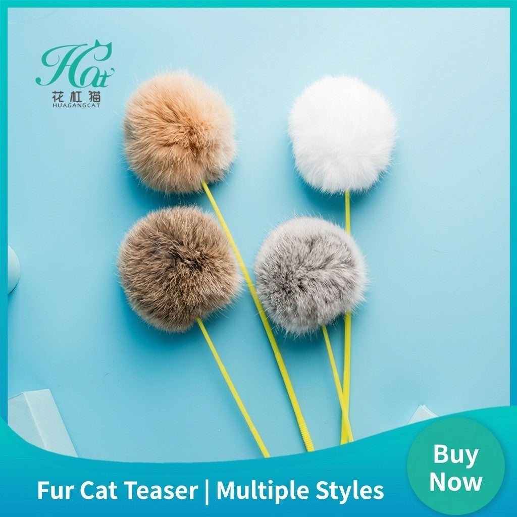 FUREVER365 TM-10 Rabbit Fur Ball Cat Teaser - Durable PVC Wand Wire Interaction Toy