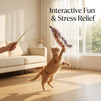 FUREVER365 TM-26 Turkey Feather Cat Teaser-Durable PVC Wand High-Elasticity Steel Wire Bouncing Toy
