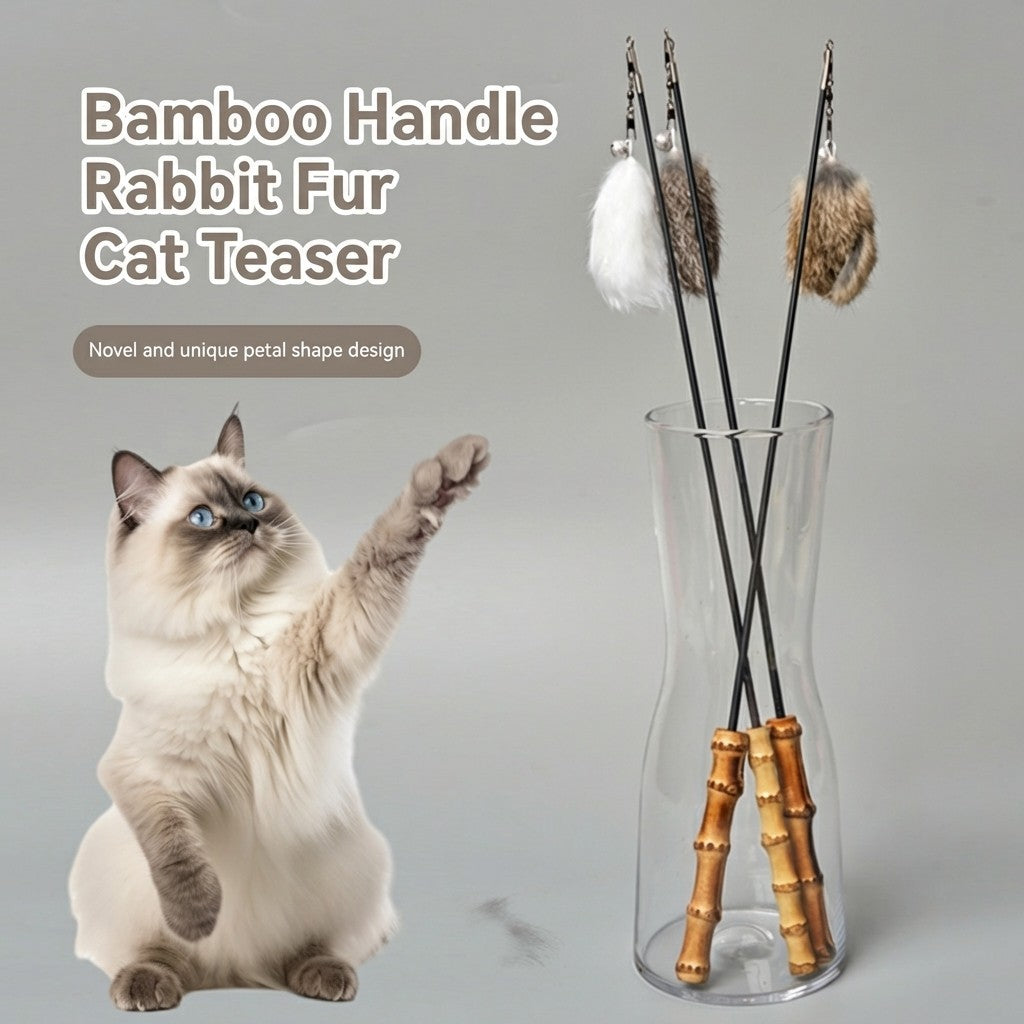 FUREVER365 TM-52 Bamboo Joint Cat Teaser - Retractable Flexible Telescopic Wand Rabbit Velvet Toy