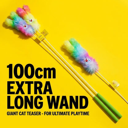 FUREVER365 100cm Rainbow Cat Teaser Wand - Extra Long Flexible Rod with Soft Squeaky Rainbow Tail