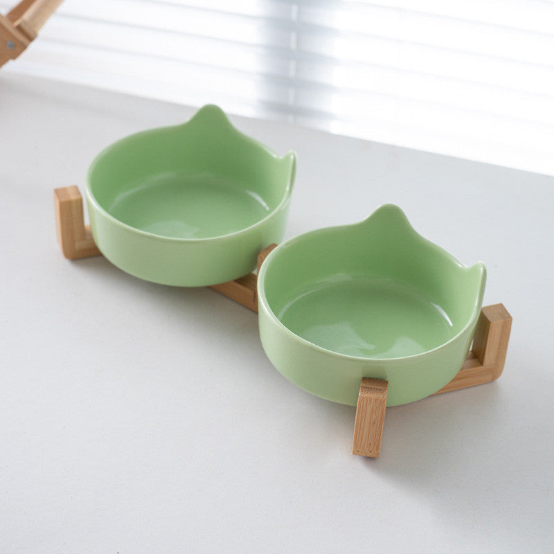 Premium Ceramic Cat Bowl with Wood Stand Anti-Black Chin Elevated Pet Dog Food Water Bowl Mangkuk Kucing