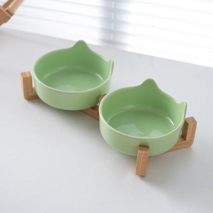 Premium Ceramic Cat Bowl with Wood Stand Anti-Black Chin Elevated Pet Dog Food Water Bowl Mangkuk Kucing