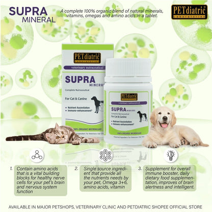 Supra Mineral Complete Nutraceutical for Dogs and Cats. 30 Tablets - Multivitamins complete - Omega 3 & 6, Zinc, Lysine