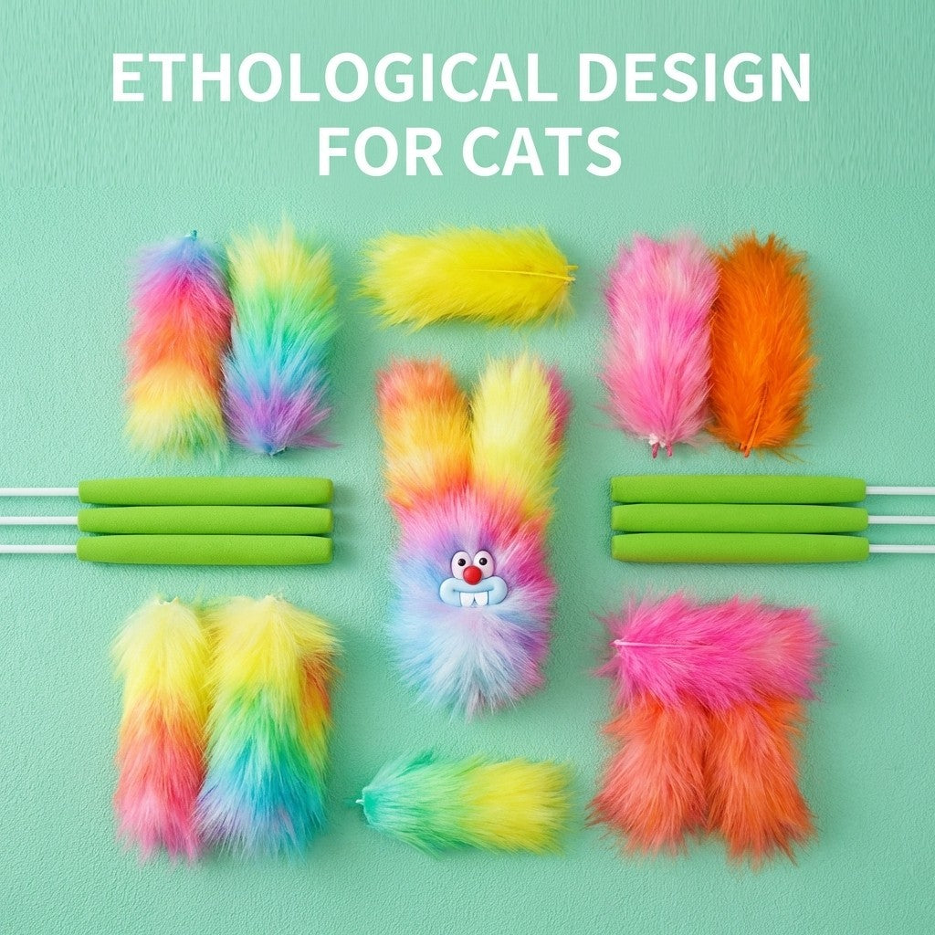 FUREVER365 100cm Rainbow Cat Teaser Wand - Extra Long Flexible Rod with Soft Squeaky Rainbow Tail