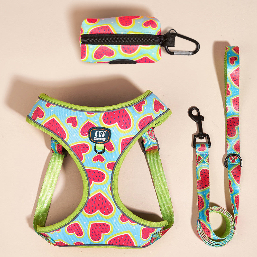 FUREVER365 Reflective Pet Harness Leash Set 2pcs Cat Dog Vest Poop Bag Dispenser Adjustable Floral