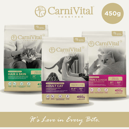 450g Travel Pack - Adult Cat / Hair & Skin / Kitten & Junior Makanan Kucing | CarniVital