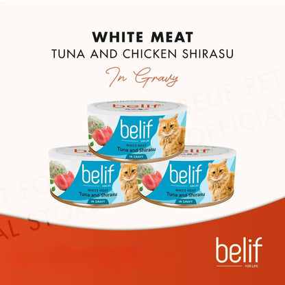 Belif Grain Free Tuna Salmon Flakes/Chic Breast/Shrimp Calamari/Shirasu/Anchovy in Gravy (80g)|Cat Wet Food