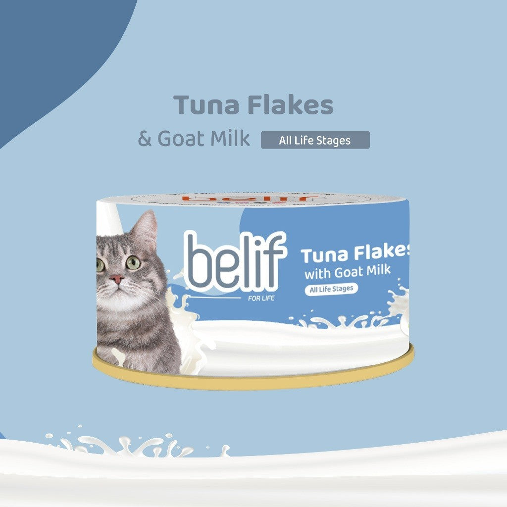 Belif Serpihan Tuna dengan Shirasu/Serpihan Ayam dengan Whitebait/Surimi bersama Susu Kambing 80g | Makanan Tin Kucing