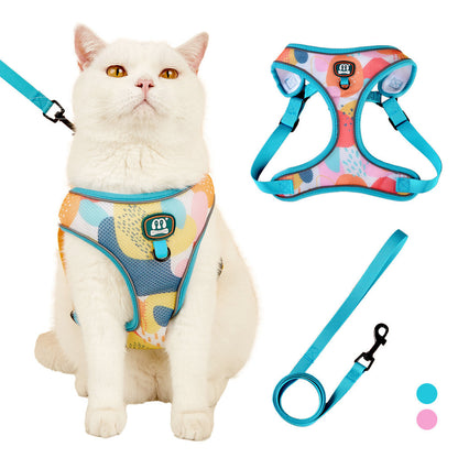 FUREVER365 Cute Blue Floral Pet Harness Leash Set Adjustable Cat Dog Vest Harness Walking Lead 2pcs