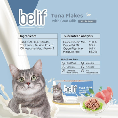 Belif Serpihan Tuna dengan Shirasu/Serpihan Ayam dengan Whitebait/Surimi bersama Susu Kambing 80g | Makanan Tin Kucing