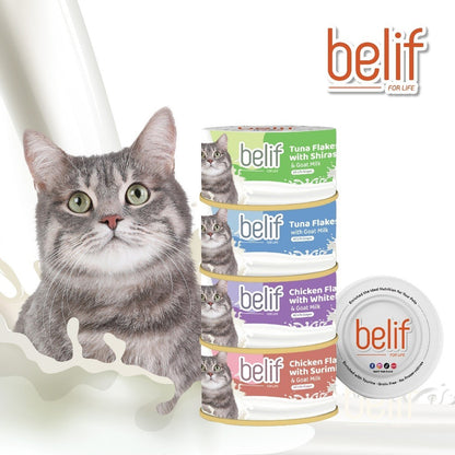 Belif Serpihan Tuna dengan Shirasu/Serpihan Ayam dengan Whitebait/Surimi bersama Susu Kambing 80g | Makanan Tin Kucing