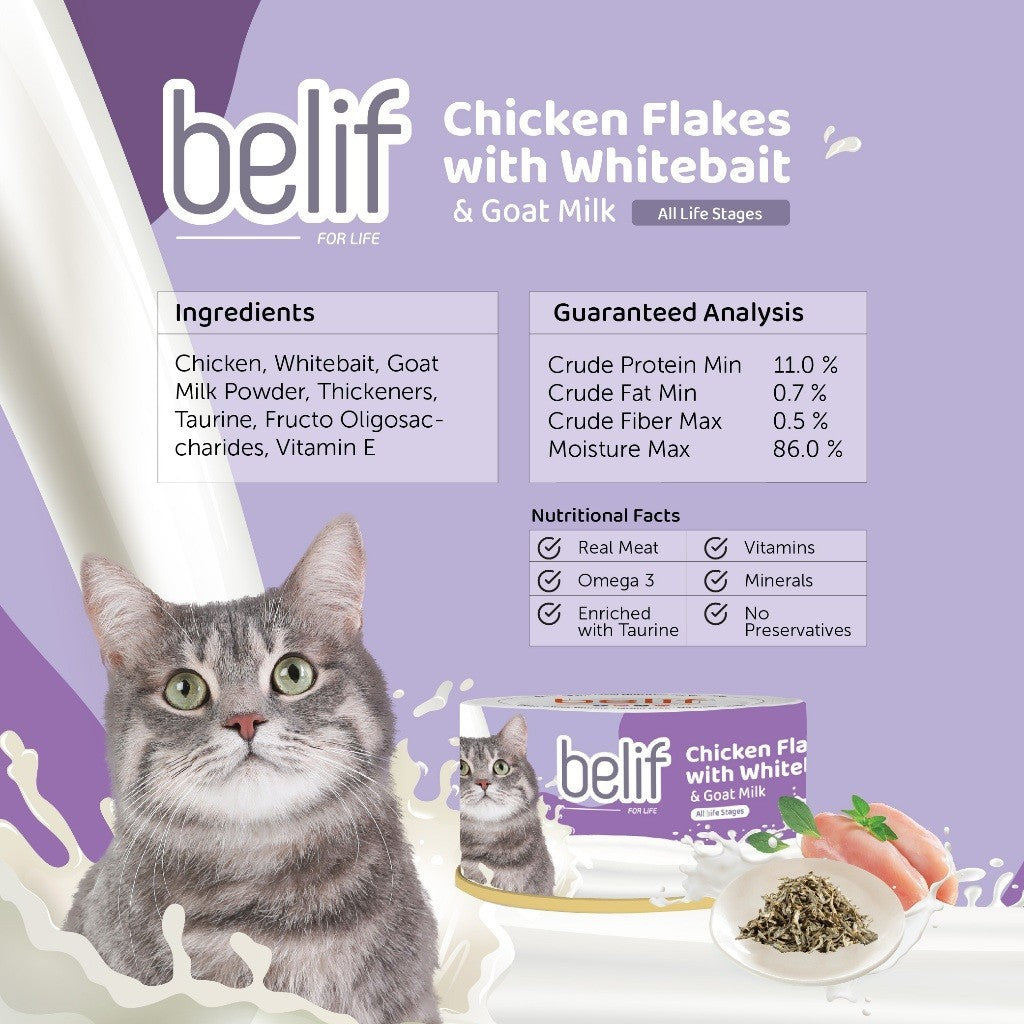 Belif Serpihan Tuna dengan Shirasu/Serpihan Ayam dengan Whitebait/Surimi bersama Susu Kambing 80g | Makanan Tin Kucing