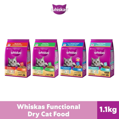 Whiskas Functional Dry Cat Food For Adult Cat - Indoor Formula/ UrinaryCare/ Skin&Coat/ Hairball Control 1.1kg