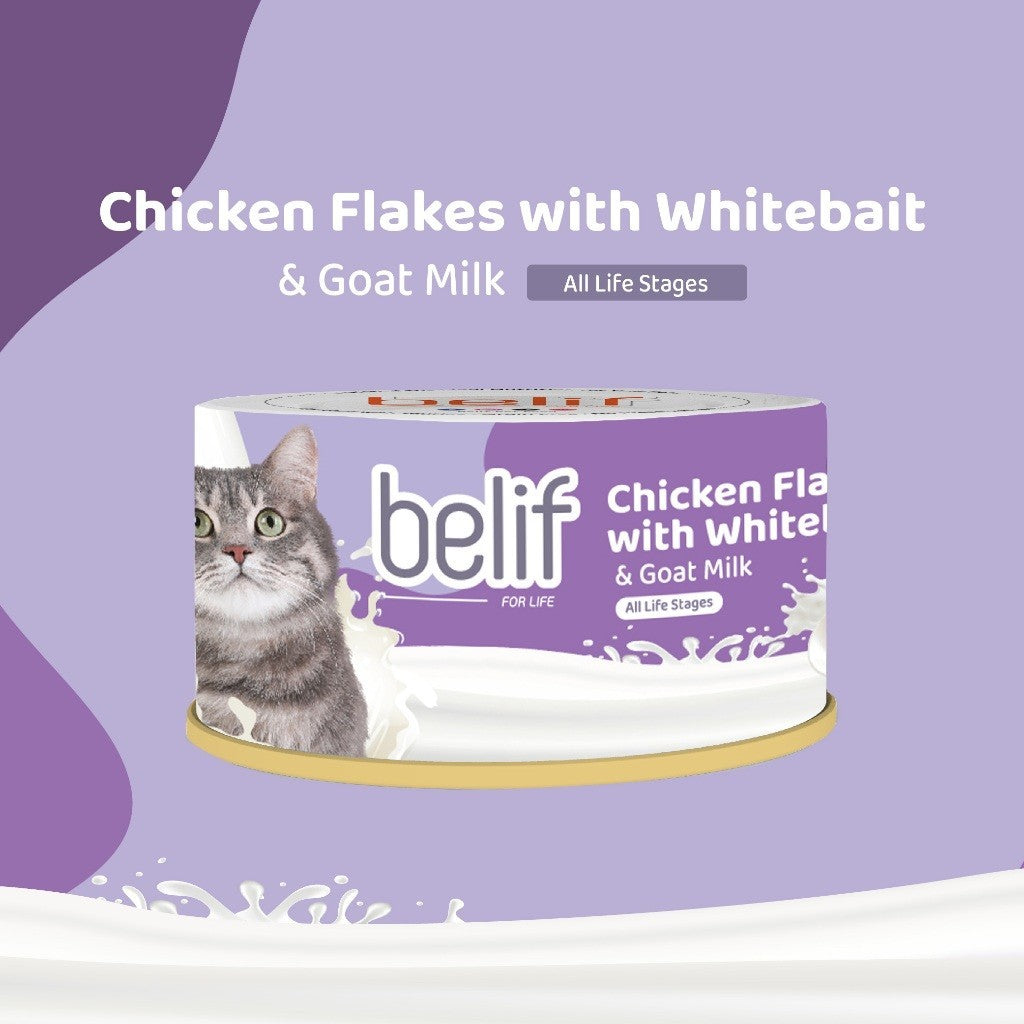 Belif Serpihan Tuna dengan Shirasu/Serpihan Ayam dengan Whitebait/Surimi bersama Susu Kambing 80g | Makanan Tin Kucing