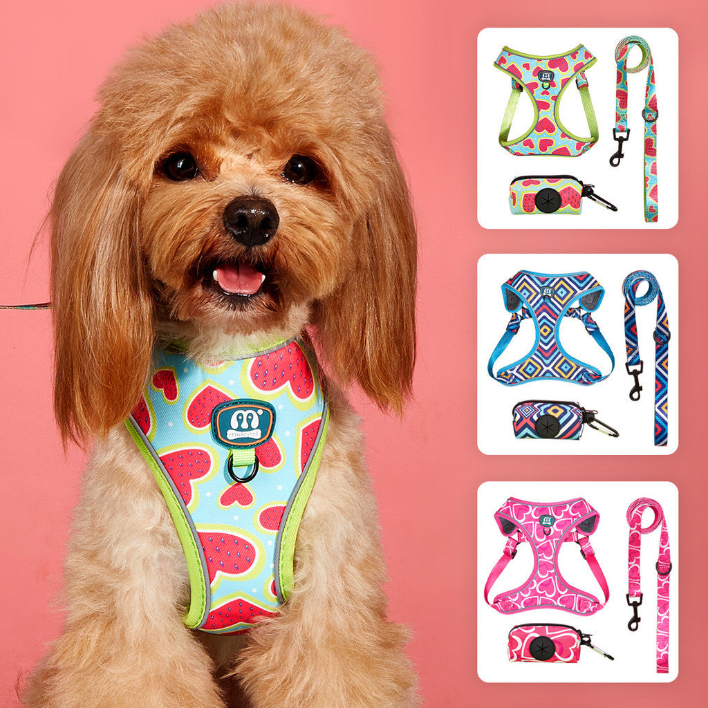 FUREVER365 Reflective Pet Harness Leash Set 2pcs Cat Dog Vest Poop Bag Dispenser Adjustable Floral