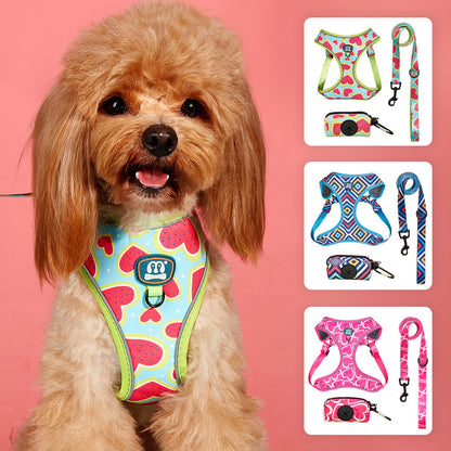 FUREVER365 Reflective Pet Harness Leash Set 2pcs Cat Dog Vest Poop Bag Dispenser Adjustable Floral