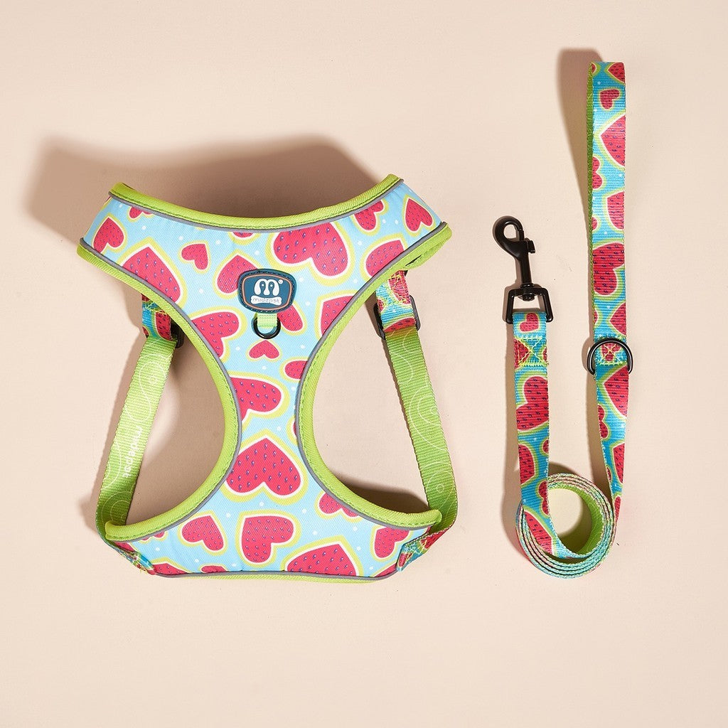 FUREVER365 Reflective Pet Harness Leash Set 2pcs Cat Dog Vest Poop Bag Dispenser Adjustable Floral