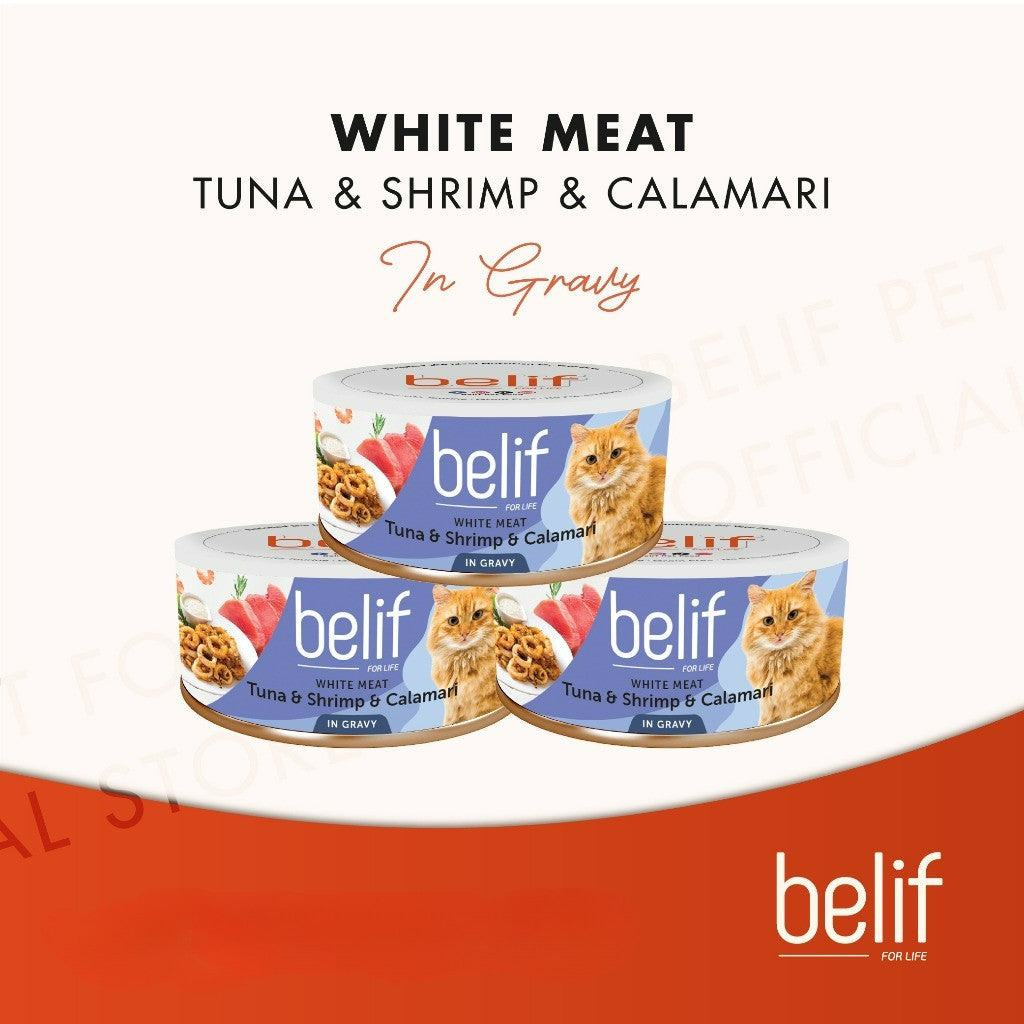 Belif Grain Free Tuna Salmon Flakes/Chic Breast/Shrimp Calamari/Shirasu/Anchovy in Gravy (80g)|Cat Wet Food