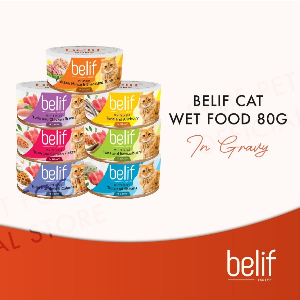 Belif Grain Free Tuna Salmon Flakes/Chic Breast/Shrimp Calamari/Shirasu/Anchovy in Gravy (80g)|Cat Wet Food
