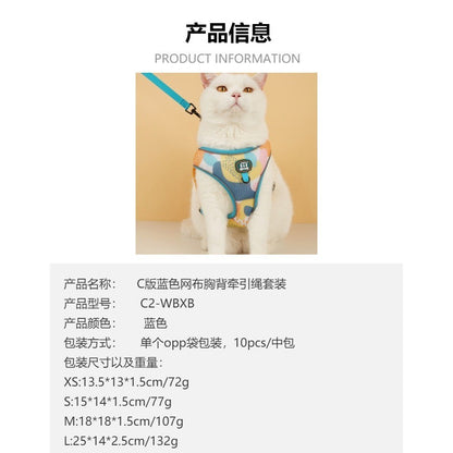 FUREVER365 Cute Blue Floral Pet Harness Leash Set Adjustable Cat Dog Vest Harness Walking Lead 2pcs
