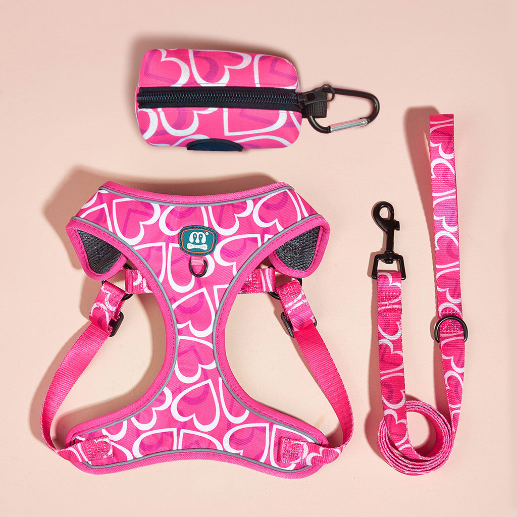 FUREVER365 Reflective Pet Harness Leash Set 2pcs Cat Dog Vest Poop Bag Dispenser Adjustable Floral