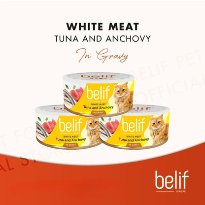 Belif Grain Free Tuna Salmon Flakes/Chic Breast/Shrimp Calamari/Shirasu/Anchovy in Gravy (80g)|Cat Wet Food