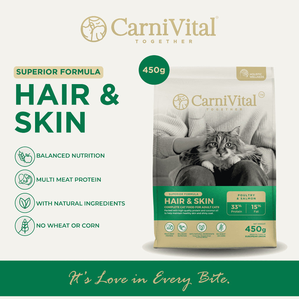 450g Travel Pack - Adult Cat / Hair & Skin / Kitten & Junior Makanan Kucing | CarniVital