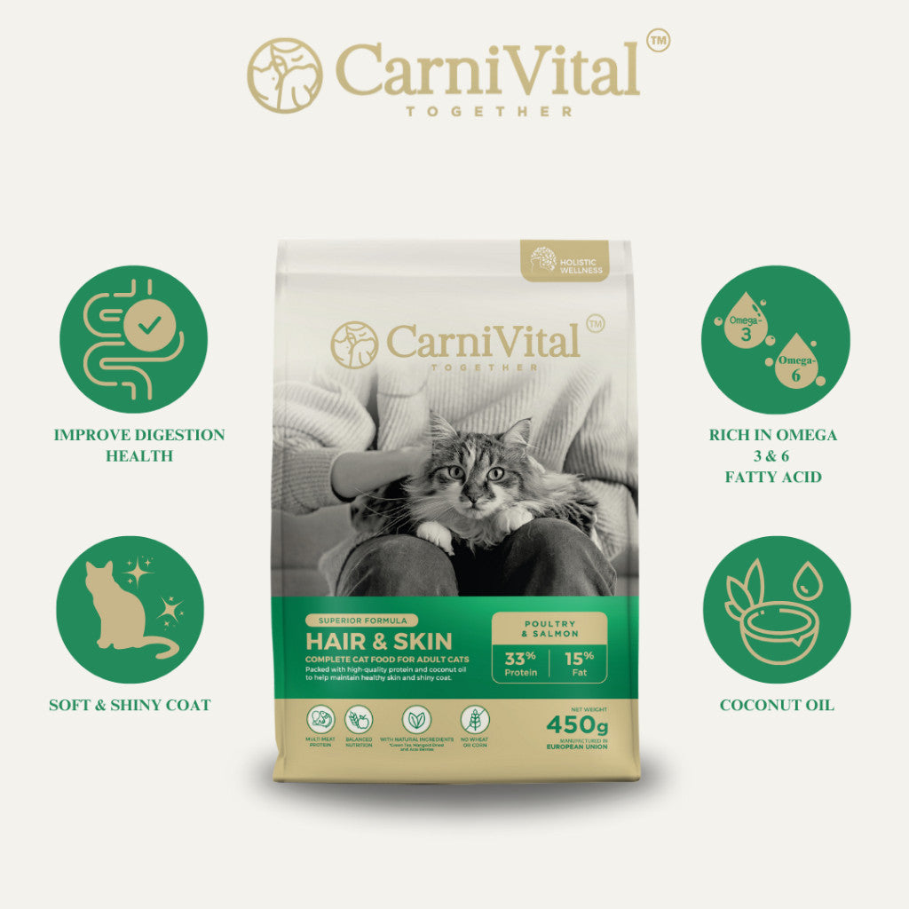 450g Travel Pack - Adult Cat / Hair & Skin / Kitten & Junior Makanan Kucing | CarniVital