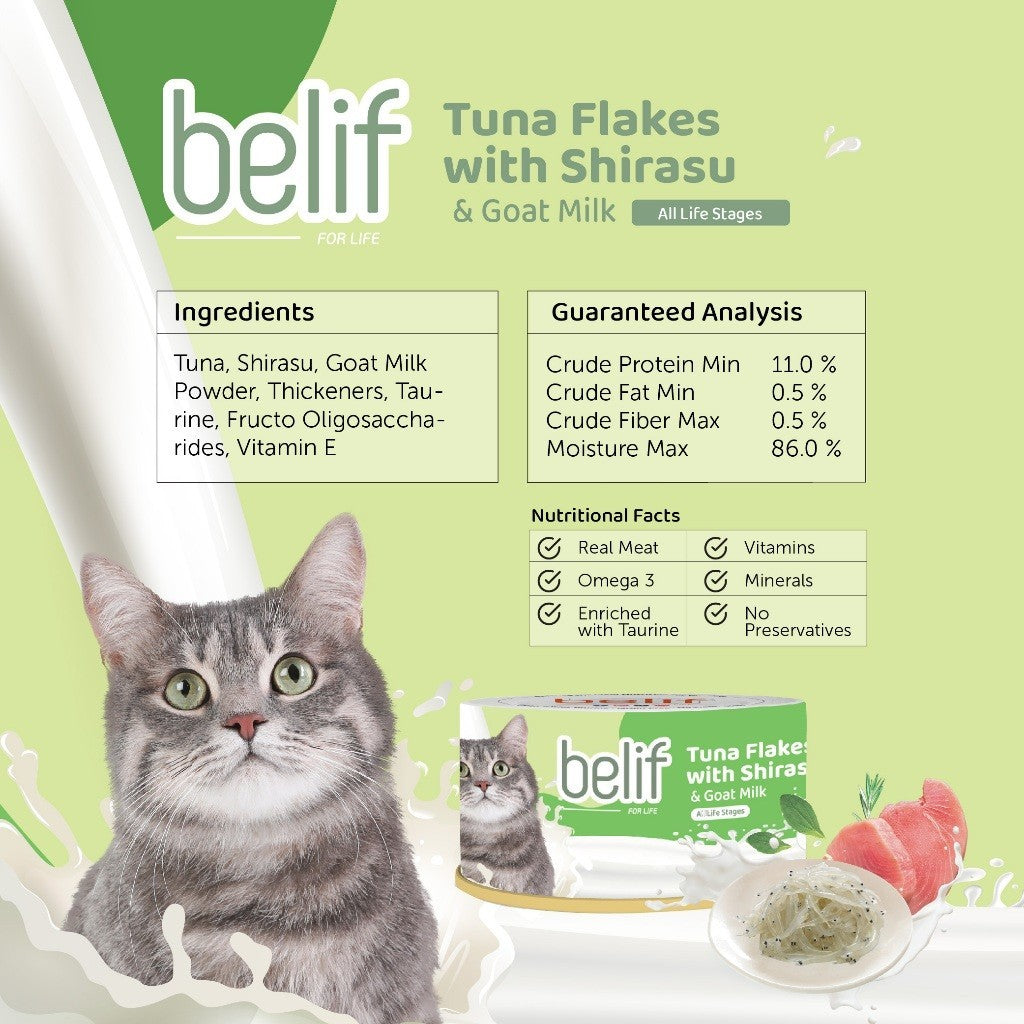 Belif Serpihan Tuna dengan Shirasu/Serpihan Ayam dengan Whitebait/Surimi bersama Susu Kambing 80g | Makanan Tin Kucing