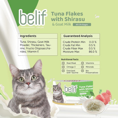 Belif Serpihan Tuna dengan Shirasu/Serpihan Ayam dengan Whitebait/Surimi bersama Susu Kambing 80g | Makanan Tin Kucing