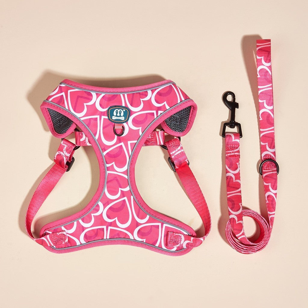 FUREVER365 Reflective Pet Harness Leash Set 2pcs Cat Dog Vest Poop Bag Dispenser Adjustable Floral