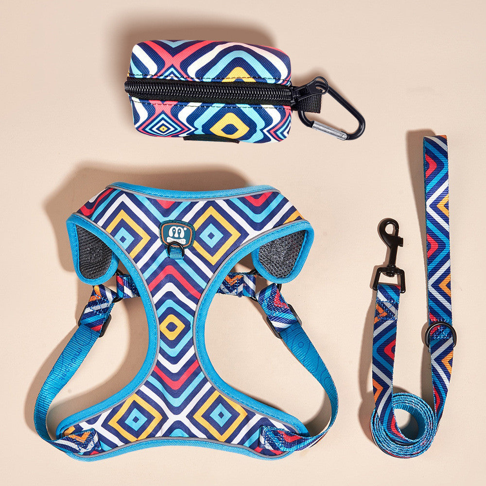 FUREVER365 Reflective Pet Harness Leash Set 2pcs Cat Dog Vest Poop Bag Dispenser Adjustable Floral