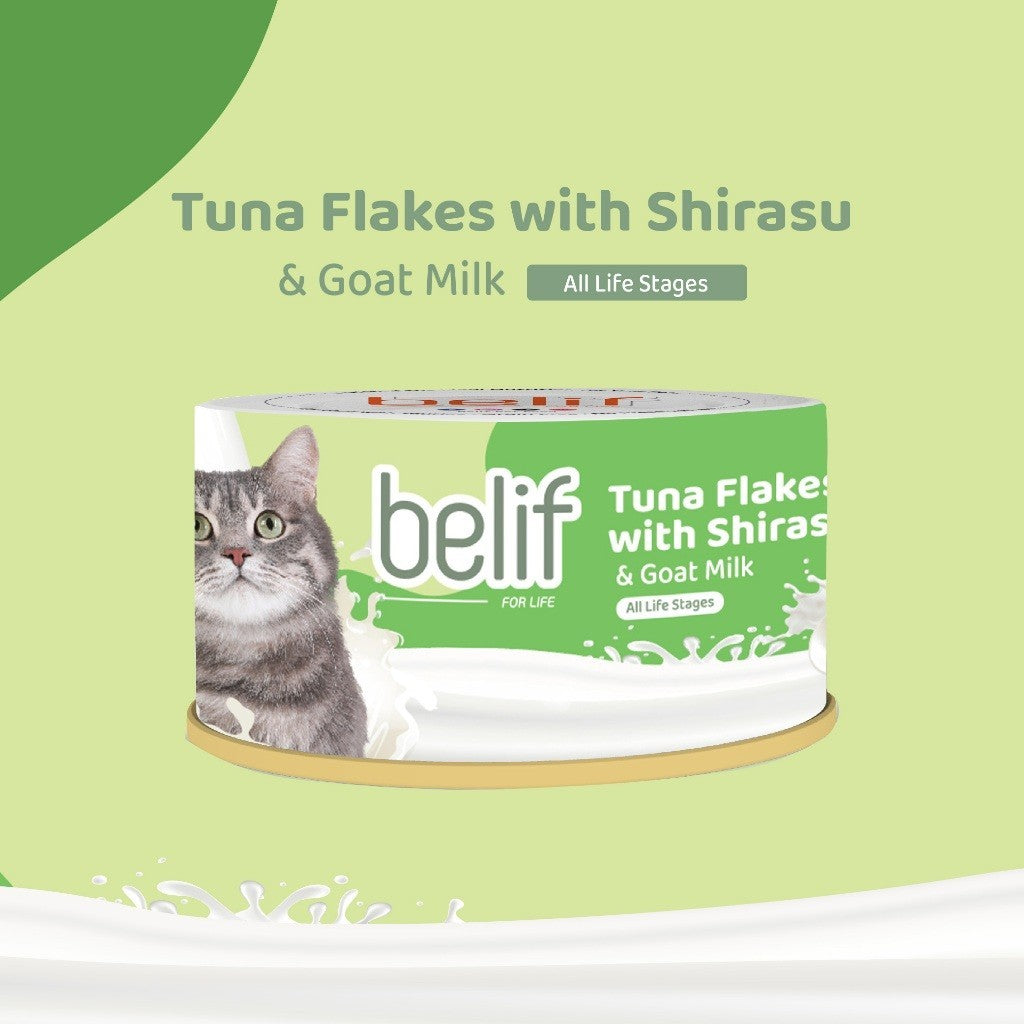 Belif Serpihan Tuna dengan Shirasu/Serpihan Ayam dengan Whitebait/Surimi bersama Susu Kambing 80g | Makanan Tin Kucing