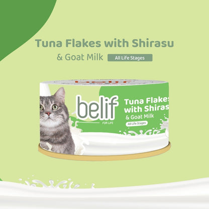 Belif Serpihan Tuna dengan Shirasu/Serpihan Ayam dengan Whitebait/Surimi bersama Susu Kambing 80g | Makanan Tin Kucing